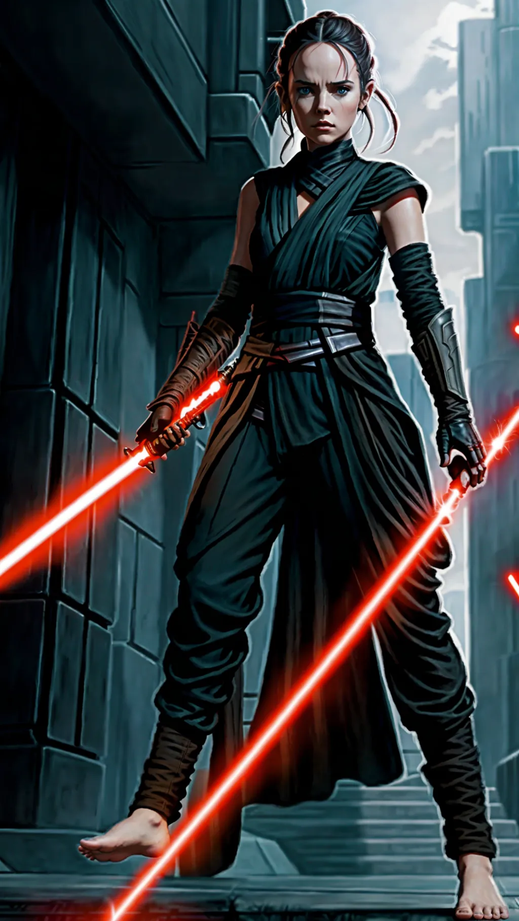 tan barefoot Sith Rey Skywalker wearing black Sith outfit while using a lightsaber to fight in the city of Coruscant, barefoot, (long dark Sith warrior pants: 1.3), (gloves: 1.2),