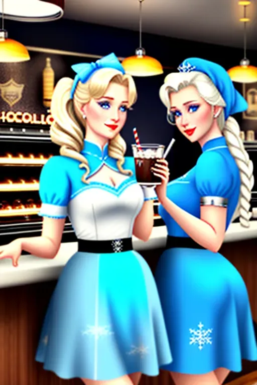 beautiful, Nordic, Anna and Elsa of Arendelle at a 1950 style sock hop. high ponytails tied with a hair scarf. Malt shop. Jukebox. poodle skirts. Elvis. Retro Diner.
Elsa in blue. Elsa platinum blond hair.
Anna in soft green. Anna with auburn hair. ultra realistic. High res. poodle skirts. Seated at the malt shop counter sharing a chocolate shake.
chrome furnishings highlighted by neon lights.