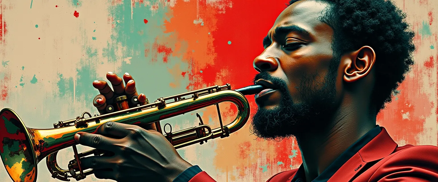 Jazz musician reimagined as an Abstract Expressionist Collage, combining painted elements with torn paper and mixed media. Integrate crimson and emerald throughout diverse textures and materials to express complex emotions