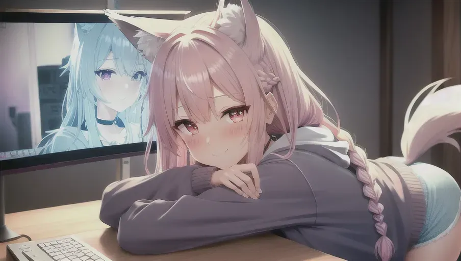 best quality, highly detailed, cute anime girl with wolf ears and fluffy wolf tail, braided hair, lewd face, shy, blushing, smile, misty eyes, solo at gaming computer desk, saliva, cute pastel casual silk shorts, perfect figure, absurd resolution, highly detailed background, vivid colors, world lighting, sitting back in gaming chair, casual baggy cream colored hoodie, masterpiece, realistic rendering, condenser mic on a desk mounted boom arm, audio interface, streaming equipment, wet panties, cherry blossom hair clips, pink choker, OLED computer monitor, RGB gaming equipment, drawing tablet, the desk is made of stained wood, night cafe vibes, vines bordering the window, cute anime poster on the wall, 8k, wallpaper