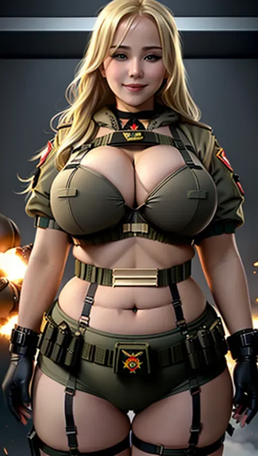 Hot blonde, Russian, voluptuous (((suicide bomber))), huge breasts, european, blonde hair, (((wearing a tactical explosive belt))), wide hips, thick thighs, huge breasts, tactical bomb belt, suicide belt, smiling, lots of cleavage, (((cubby))), curvy, thick, sideboob, midriff, plastic explosives