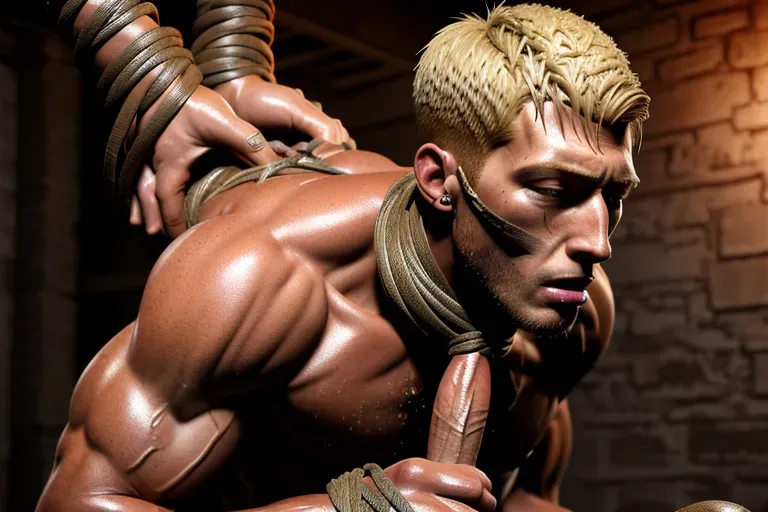8k, highly detailed, high resolution, detailed drawing of a scrawny blonde slaveboy who has his head hung down in exhaustion while tied up and being fucked from behind in his cum covered asshole by a muscle daddy master with a huge veiny cock, nsfw, full body, accurate male thin physique, anal sex, hardcore, sweat dripping, tied up im a dirty dungeon, accurate male bodies, realistic penis, highly detailed cock, highly detailed faces, 2boys,) scared slave is crying in pain, realistic, highly detailed bodies, accurate male penis, high quality, perfect faces, low light, force, rough, pain,