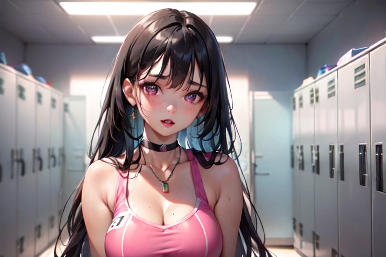 photorealistic, 8k, accurate face, (((detailed face))), (((replicate inspiration face))), full figure shot, shining eyes, female face, cute, 21 years old gorgeous, luxuriously long black hair, lipstick, bangs, large breasts, choker, necklace, pendant,
wearing pink cheerleader outfit, in locker room,