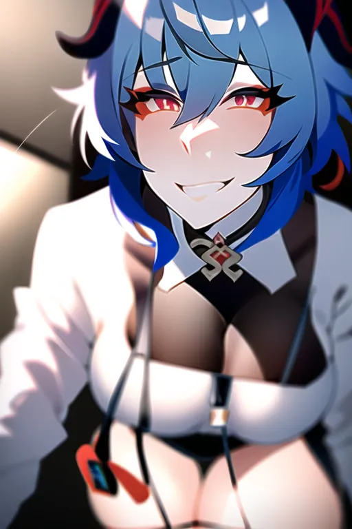 ganyu (genshin impact:1.3), (best quality), (masterpiece), 1girl, gorgeous, smug, naughty face, glowing eyes, short hair, (detailed eyes), large hips, medium breasts, bangs, blue hair, ((office lady)), white shirt, black skirt, sexy thigh, model pose, slim figure, passionate, aesthetic, <lora:dpmg_genshin_ganyu:1>