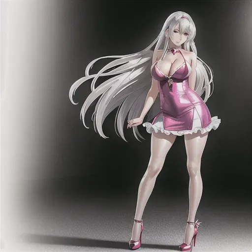 A high-quality erotic hyper-realistic photo of a short woman with long white hair, hazel eyes, f-cup breasts, pale skin, wearing a hot pink minidress, silver earrings, a silver choker and silver high heels, full-body