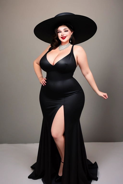 9 feet tall, curvy lady, elegant gown, ((floppy brimed hat)), lipstick, eye liner, open smile, large breasts, standing with regular man