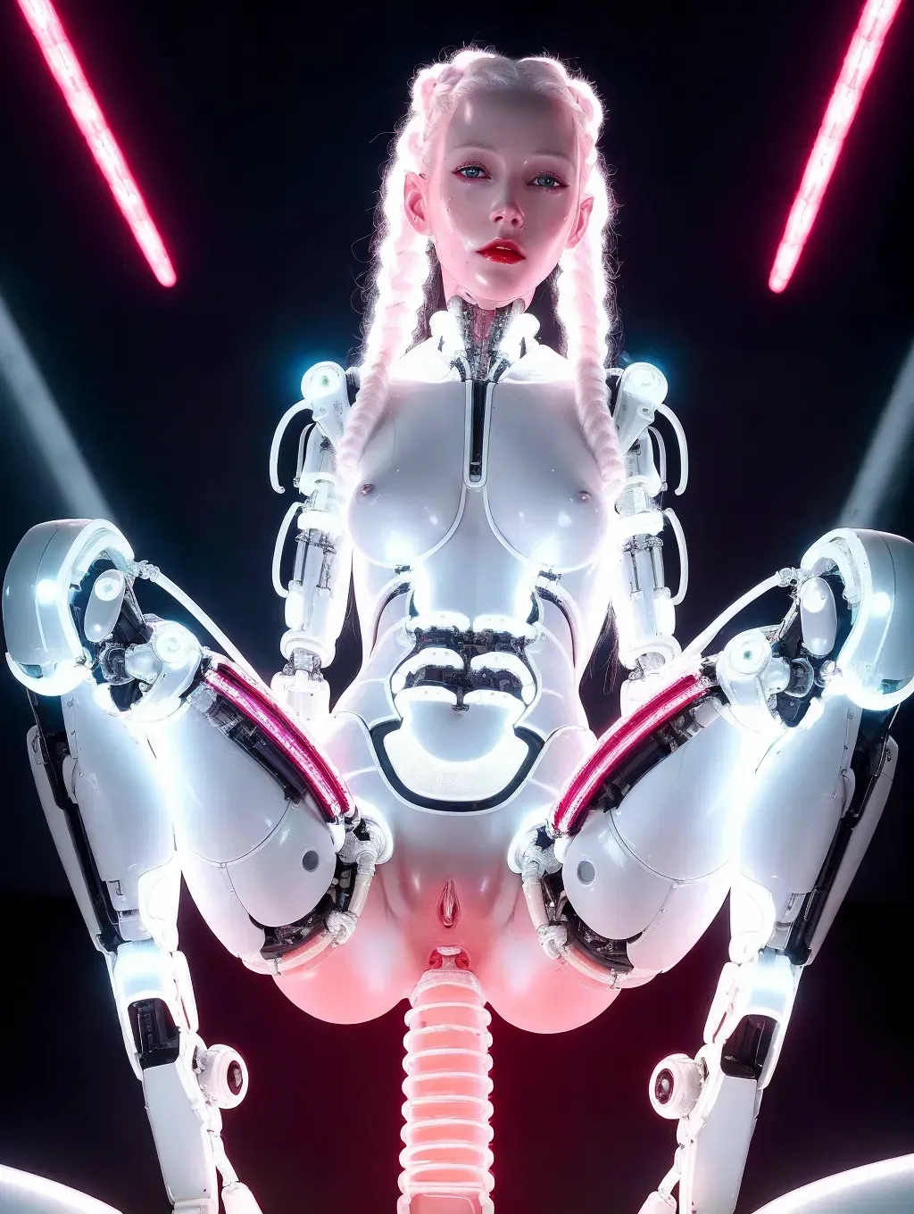 A picture of a skinny, waiting, pale white skinned cyborg woman, light red dreadlock and braided hair with luminous beads, futuristic, naked, half Biomechanical cyborg, detailed robot parts, sexy, small breasts, laying on back, legs spread, tattooed face, extremely detailed face, highly detailed body, perfect lighting, lit face, black backdrop with digital highlights, looking at viewer, natural exposed pussy, legs wide open, full lips, wet open large vagina, bright red lips, realistic pussy, soft smooth blue tinged white skin, bright side lighting with deep shadows and contrast