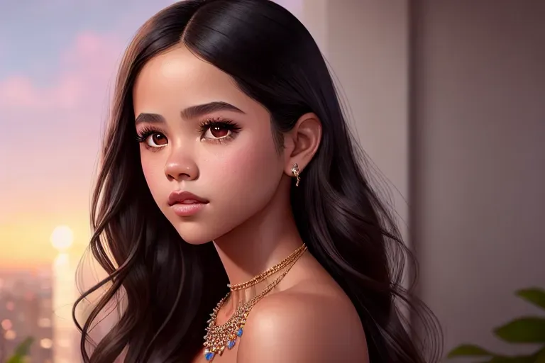 a illustration of,jenna ortega,naked,shooting from a high point,indoor,five fingers per hand,silky hair,gorgeous face,beautiful lips,detailed large eyes,curved eyebrows,curved eyelid,romantic,wearing necklace,professional,bokeh,ultra realistic,editorial,cgsociety