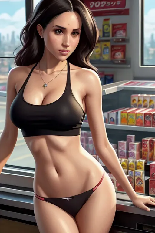 a colour painting of,Meghan Markle,wearing tank top and panties,shooting from a high point,at the convenient store,amazing breasts,five slender fingers,wavy curtain bang,gorgeous face,beautiful lips,black eyes,curved eyebrows,curved eyelid,pale skin,wearing necklace,unreal engine,editorial,cgsociety,sharp focus,pixiv