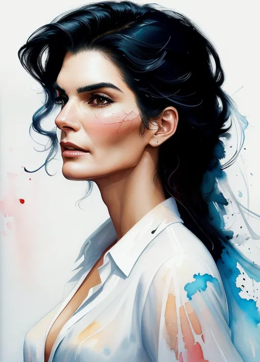 A gorgeous woman (Angie Harmon) in white blouse, hyper-realistic, intricate, sharp hard lines, brush strokes, white space silhouette, watercolor, oil painting, ink panting, style by Agnes Cecile, Alberto Seveso, Anna Bocek, Carne Griffiths, Charlie Bowater
--s 250 --v 5.1
