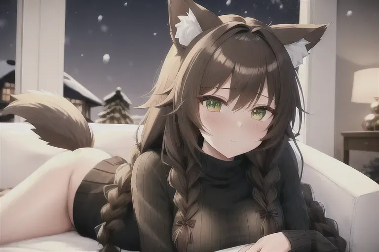 high quality, detailed, anime girl and anime boy, wolf ears on girl, wolf ears on boy, wolf tail on girl, wolf tail on boy, fluffy ears, fluffy tails, brown hair, green eyes, girl is wearing a braided sweater, boy is wearing turtle neck, girl on couch with boy cuddling to stay warm, winter, cold, snow outside, hot chocolate, fireplace, cozy