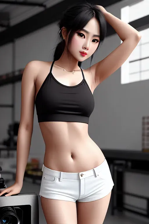 siam model in Thailand beauty, wearing white cami-tank top and holding a camera, in the style of realist: lifelike accuracy, y2k aesthetic, oshare kei, high quality, goosepunk, dark silver and light black, pure color