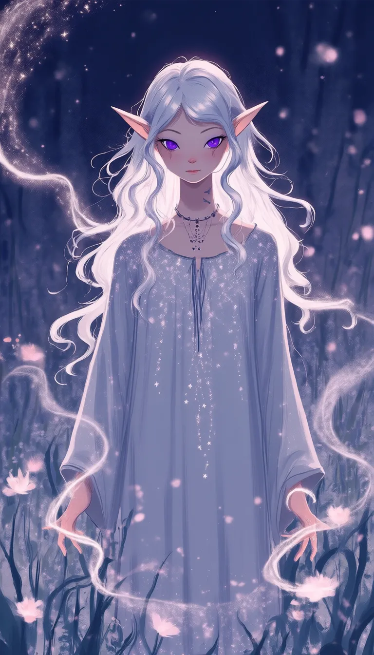 VectorPaintDaal,
An elven woman with flowing silver hair, deep violet eyes, and faintly glowing tattoos curling around her hands. She is wearing a loose tunic adorned with tiny embroidered stars, standing in a whimsical garden where the flowers gently sway as though alive, and a glowing moonlight highlights the scene in soft pastel tones.