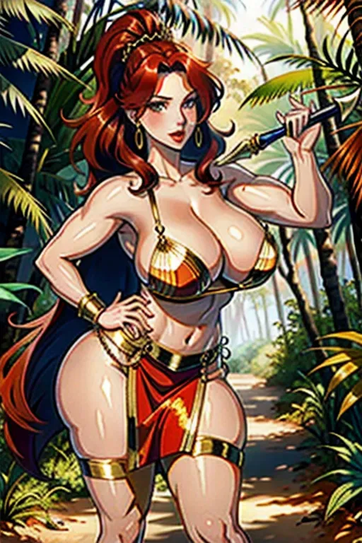 Highly realistic, Christina Hendrix as a warrior woman in animal cloths. Holding dagger ready to attack, face shouting, voluptuous body, sweat glistening, jungle setting, loose red hair, perfect makup and lipstick. perfect Christina Hendrix likeness, high quality, glossy, film quality, professional lighting, standing, legs apart, muscular
