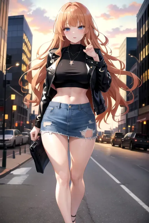 full body, strawberry blonde hair, hazel eyes, short girl, denim miniskirt, black high heels, looking at viewer, long hair, pale skin, silver necklace, black crop top, 24 years old, giant breasts, cute face, pov, wavy hair, city environment, Oklahoma City, wide eyes, erotic, skirt tug, leather jacket, nighttime, black backpack, slim body