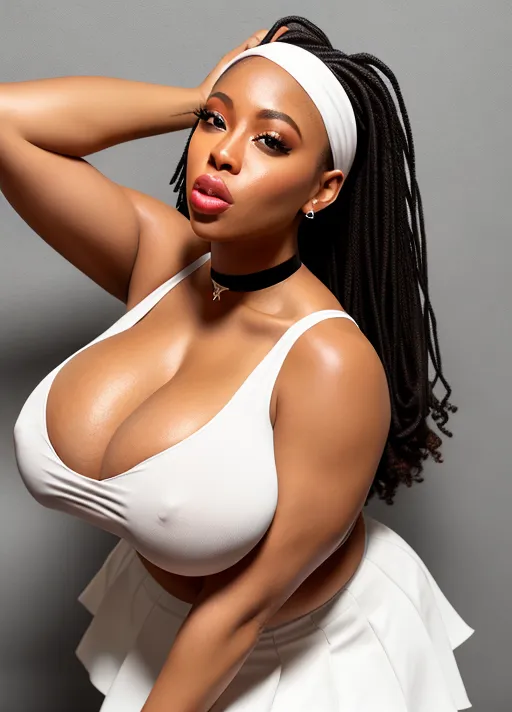 voluptuous, humongous hanging breast, black girl, white tank top, nude breast, skirt, nude breast, head band, hands behind head, huge lips, front view, choker