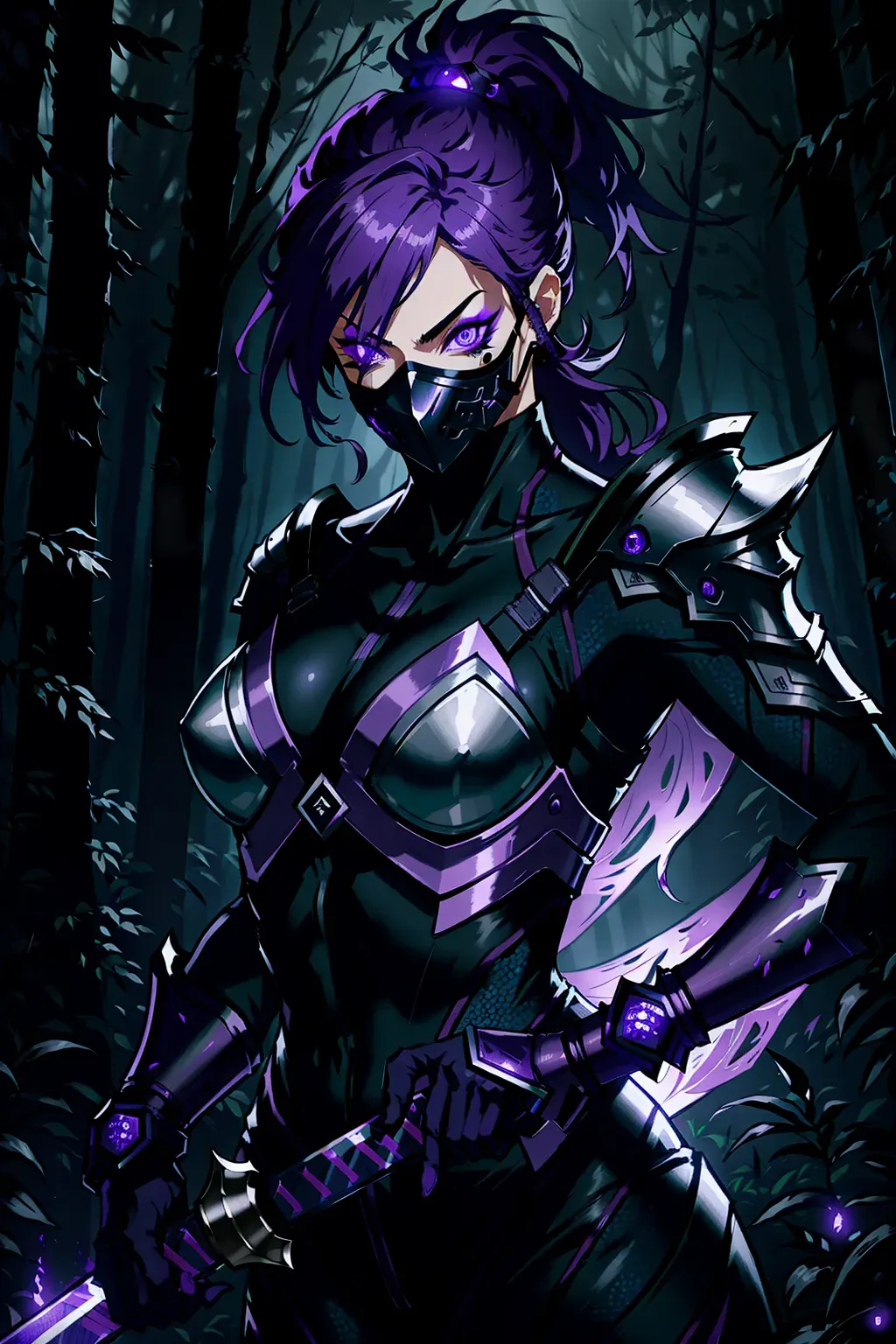 Ninja, full face mask, purple, glowing accents, with a sword, female, 8k wallpaper, best quality, ultra hd, global lighting, hi-resolution, high quality, highly detailed, in a dark forest