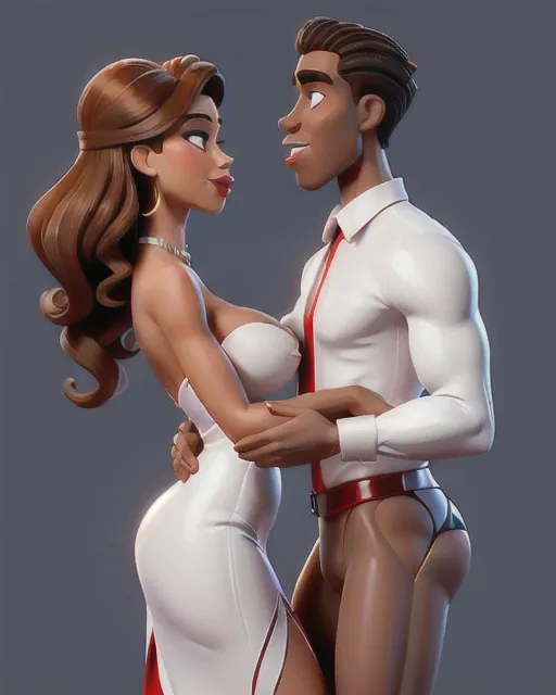 Side view, full body, man and woman dancing together closely, very black man in nice suit and white woman in a sexy red dress dancing together,arms around each other, mans hands on white womans ass, proportional bodies ,nude Sexy middle aged woman, long dark brown hair, big tits, perfect nipples showing, head bent forward looking down, eyes closed, lips puckered for kiss, sexy facial expression, horny milf, ready to kiss, wearing sexy dress, slutty, red lipstick, small hoop earrings