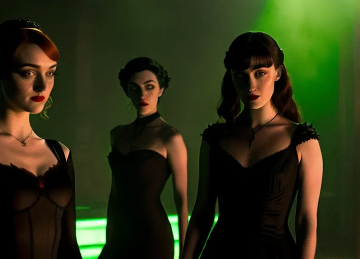 two ladies in a dark atmospheric modern goth nightclub, Dakota Fanning as Mavis Dracula of Hotel Transylvania in tight black revealing attire and hypnotic red glowing eyes, dancing the night away with beautiful good auburn haired Elizabeth Lail as Anna of Arendelle in a modest light green royal gown. Photorealistic, b-horror film screencap,