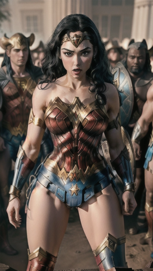an explicit depiction of ((Wonder Woman getting fucked by a huge black man)), 1 female, 1 black male, fucking, sex, cowgirl, spectators, (cock fully inserted in pussy), balls deep, cum oozing between her legs, cum on her moth, interracial, (((tears in her eyes))), bruises on her arms