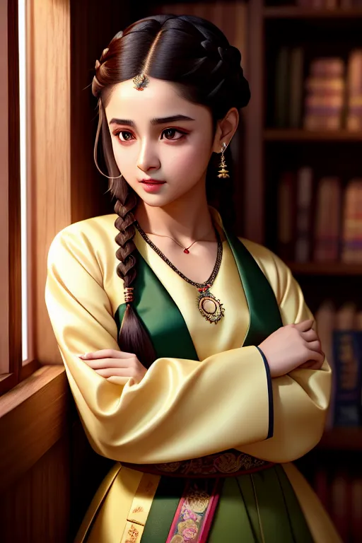a photograph of,alia bhatt,wearing hanbok,leaning against the wall,at the bookstore,five slender fingers,braids hair,charming face,beautiful lips,green eyes,curved eyebrows,textured skin,cosy,wearing necklace,cinematic lighting,cgsociety,studio lighting,pixiv,8k