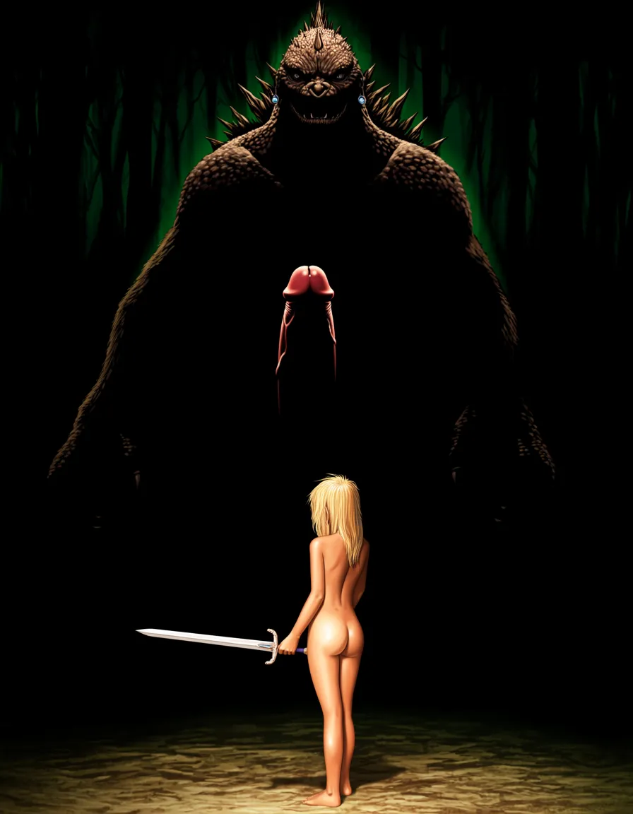 Background is dark evil forest, in the darkness a giant monster with spikes looms in the darkness, only its outline is visible, it has a giant erect human looking cock and balls, ((giant penis)),
In the foreground is a blonde girl, dwarfed by the size of the monster, she is naked and stands ready to face the monster, she holds a sword,
masterpiece, best quality , 1970s fantasy art, @Frazetta