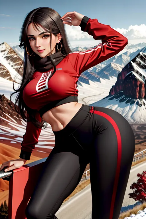 young woman, slight smiling, black and red yoga pants,exposed breats,camel toe, bavarian landscape