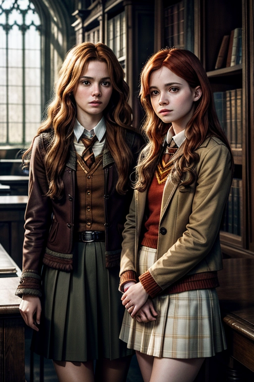 (photorealistic:1.4), (masterpiece:1.4), (best quality:1.4), ultra high res, ((detailed facial features)), professional photograph of (((adult Hermione Granger and Ginny Weasley together))), (2 females:1.5), 2 women, , In a library, Slim,(best quality), (((extremely accurate faces))), <lora:dpmg_add_detail:0.7>, (high resolution), (((masterpiece))), (uhd), (8k), wearing White shirt, tie, Short black skirt,