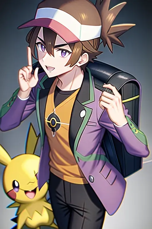 Brown haired male, Pokemon trainer, purple shirt, green jacket, black backpack, 1 person, the pokemon Joltik on his shoulder