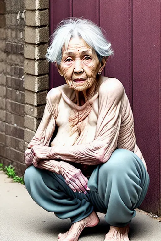 (great grandmother), naked, (80 years old), (wrinkled body), skinny, nude , street, alley, dumpster, dirty shirt, torn sweat pants, (pants pulled down to knees), (squatting), showing ass, showing pussy, nasty slut, lipstick, eye shade, eye shadow, heavy makeup