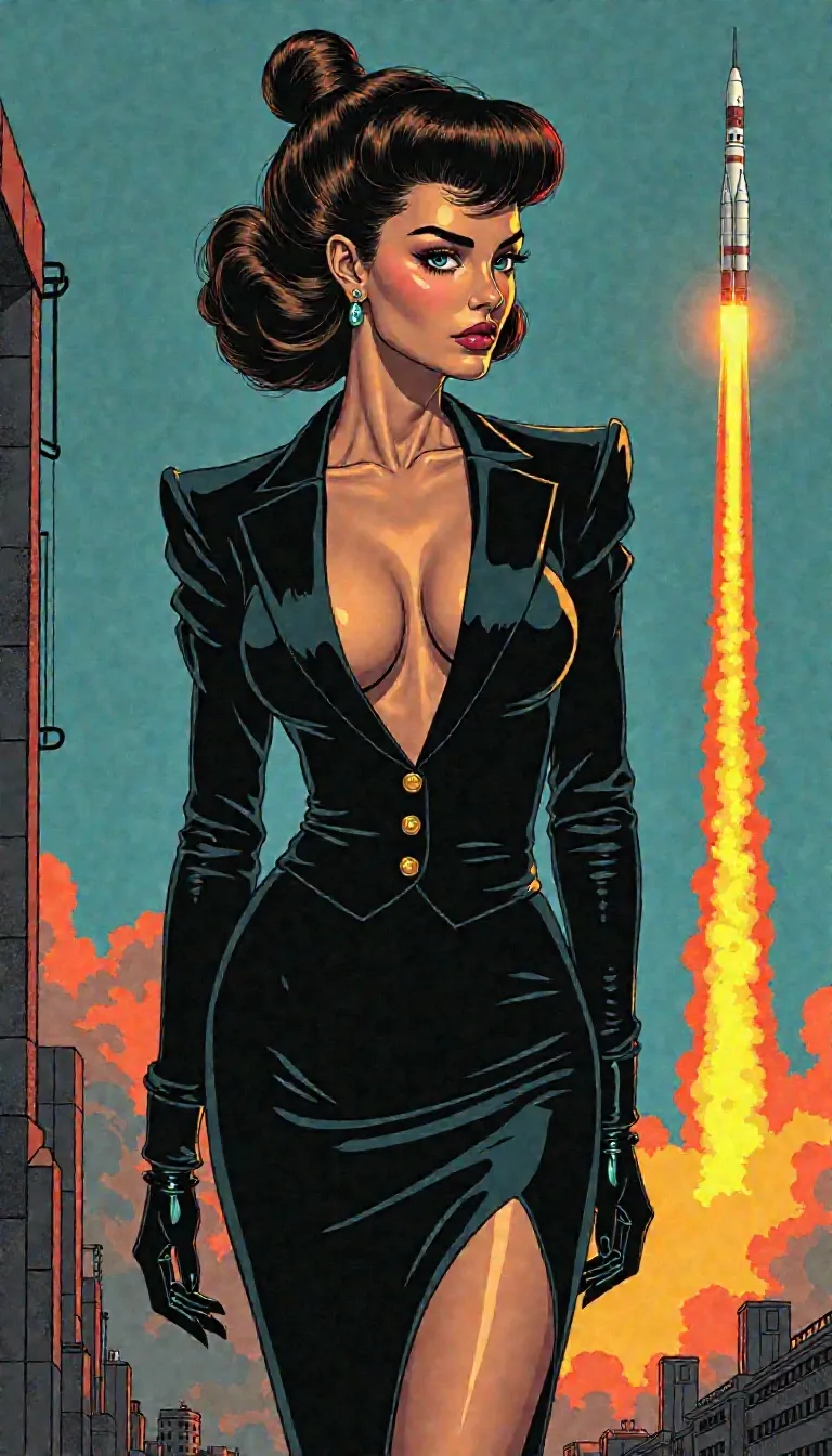 Holly Goodhead, slutty MIB silhouette, high-slit pencil skirt tight as betrayal, blazer barely buttoned under the bust line revealing sharp, sculpted cleavage like a secret unholstered, plunging neckline with nothing beneath but implication and agency, glossy black stilettos clicking like countdowns, no weapon in sight, her body is the threat
hair slicked into a severe top-bun coiled with military precision, tension visible in every strand, three intentional flyaways breaking formation, subtle highlights glinting through dark chocolate hair, thin wisps of warm light brown catching firelight and dusk glow, a crown of control with just a whisper of rebellion
glossy plump lips like classified intel, dark rose high-gloss finish, disgusted smirk hiding six murders and a motive, future noir femme fatale, espionage elegance wrapped in visible brush strokes, hand-drawn graphic novel style, thick ink lines, halftone shadows, stylized lighting mid-scene, posture sharp as a court summons, fashion as threat vector, visible tension in linework, noir retro-futurist palette
set at dusk, deep blue and orange gradient sky, sodium lights flickering on brutalist launch pad architecture, rocket launching in the background trailing smoke and fire into a dying horizon, dramatic light flaring behind her legs, silhouette cut by shadows and heat distortion, wind from the ignition pulling at skirt fabric and loose strands of hair, face lit from below by flame-glow, reflected light dancing on lip gloss and collarbones, debris in the air catching light like shattered code, she doesn’t look back
hand-drawn comic illustration, thick ink outlines, halftone shading, visible brush strokes, stylized light, posture mid-scene, key features outlined for drama, fashion with visual storytelling, glitter or grime as mood accents, emotion rendered in line weight