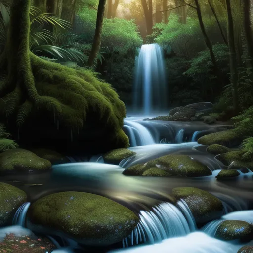 voluptuous nude goddesses, nighttime forest waterfall, realistic, splash art, concept art, long shot, intricately detailed, color depth, dramatic, fireflies, side light, colorful background professional photography, bokeh, natural lighting, canon lens, shot on dslr 64 megapixels sharp focus heavenly sunshine beams divine bright soft focus holy in the clouds
