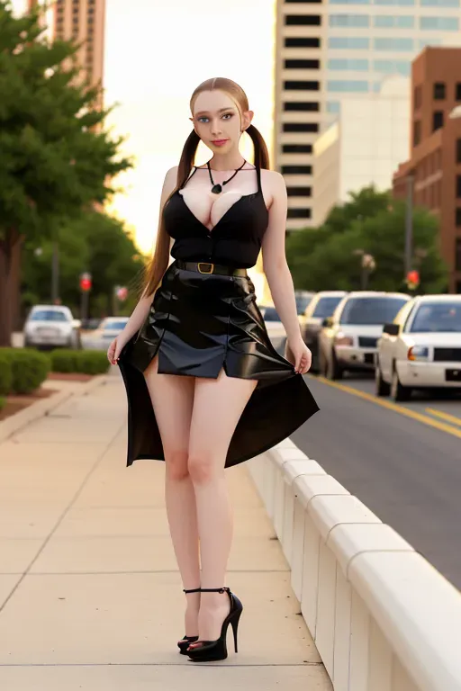 full body, chestnut hair, green eyes, short girl, white miniskirt, black high heels, looking at viewer, long hair, pale skin, black necklace, black shirt, 24 years old, big breasts, cute face, pov, wavy hair, city environment, Oklahoma City, wide eyes, erotic, pigtails