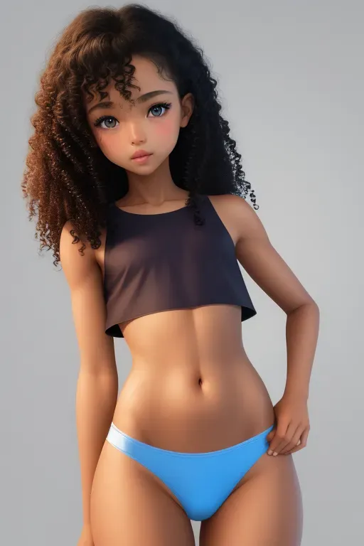 Petite, black curly hair, tan skin, bright blue eyes, small nose, full cheeks, full lips, small breasts, waist length pink shirt, naked, small belly, round ass, full thighs, panties dropped.