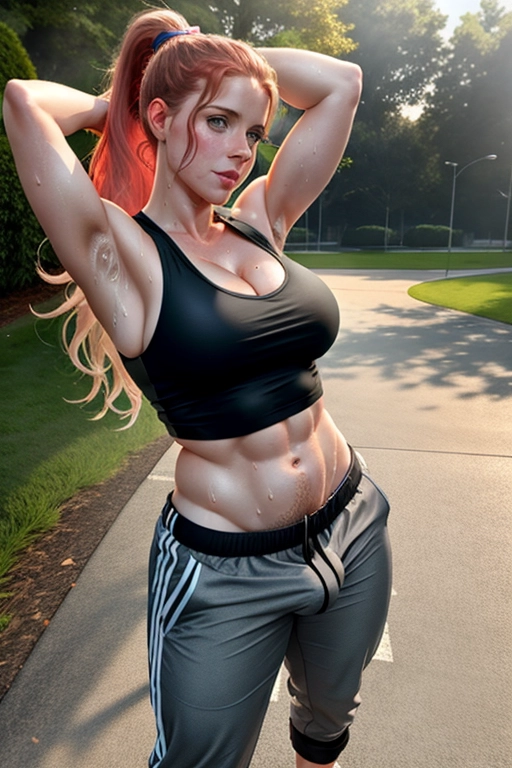 A 16k resolution full body photo shot, Amy Adams, Standing, One Hand Behind Head, Sweaty Armpit, Athletic, Cleavage, Glossy Hair, Fringe, Ponytail, Full Mouth, Full lips, Body Hair, Happy Trail, Pubic Hair, detailed hair features, Hyperreal detailed facial features, Eye Contact, Detailed Dilated Pupils, Smiling, Close Focus, Realistic Soaked Cleavage, Sweaty, Sweaty Body, (Crotch Bulge: 1.1), (Bulging Pubis:1.1), Erect Cock, Sticky, Large Breasts, Grey Crop Top, Black Linen Pants, Sandals, in a park