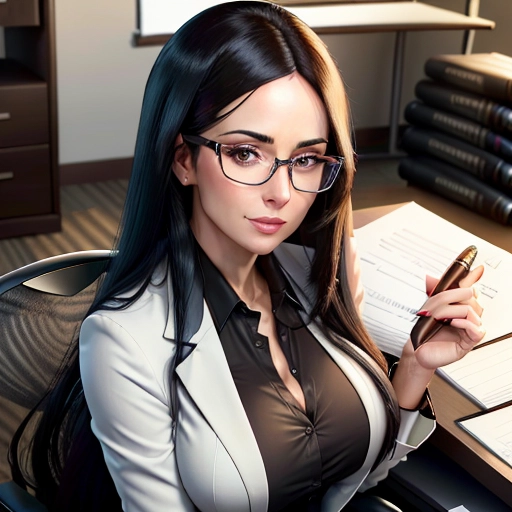 realistic HD photograph ((wide shot)), ((((accurate face)))),with long black hair sitting in an office, she is holding a clipboard, cold lighting, therapist clothing, she is hiding a large chocolate colored dildo beside her, facing the viewer, cute glasses, a seductive look on her face