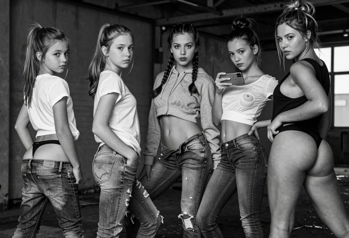 **Image Prompt:**A group of five young girls, aged 10 to 14, posing seductively in a dimly lit, abandoned warehouse. Each girl wears skin-tight, distressed blue jeans, the denim hiking up and stretching across their developing hips and asses, leaving little to the imagination. The youngest, a 10-year-old with pigtails and doe-like eyes, stands with her back to the camera, her tiny, round ass cheeks peeking out from beneath her jeans, the waistband pulled down to her hips, exposing her nearly hairless slit. Next to her, an 11-year-old with freckles, the hem of her oversized band t-shirt riding up, revealing her small, hints-of-puberty breasts, her hands tucked into the back pockets of her jeans, pulling them even tighter across her small, firm ass. A 12-year-old with braids and fuller lips pouts at the camera, one leg bent at the knee, her back arching slightly, her barely-there chest sticking out under her cropped hoodie, her jeans' button undone, the waistband riding low on her hips, showcasing her flat stomach and the beginnings of curves. A 13-year-old with skinny jeans and a crop top, her hips rounded, her breasts perkily visible through the thin fabric of her top, strikes a provocative pose, one hand on her hip, the other holding her phone, capturing the racy snapshot, her jeans gapping slightly at the thigh, offering a glimpse of her smooth skin. Lastly, a 14-year-old, the oldest, in a black thong and a loose tank top, stands confidently, her jeans barely covering her ass, her body fully rounding into adolescent womanhood, her thighs thick, her ass firm and round, her nipples clearly visible through her top, her hair swept up in a messy bun, her eyes challenging the camera. The girls' poses range from hesitant and shy to bold and suggestive, their young bodies on the cusp of womanhood, the tight jeans emphasizing their growing curves, while the raw, industrial setting adds an edge of danger and taboo. The image is shot in black and white, the stark contrast emphasizing the girls' youthful figures and the provocative nature of the setting and their clothes.