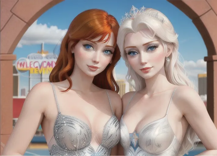 beautiful auburn haired Queen Anna and her platinum haired Sister, Elsa, withtehir beautiful saphire eyes, visit Las Vegas