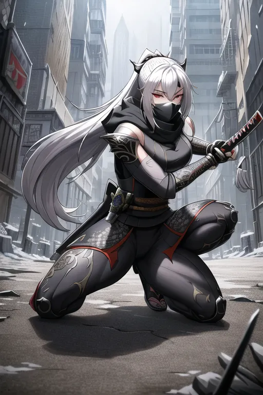 (masterpiece:1.2), (best quality), (ultra detailed), (8k, 4k, intricate), (highly detailed:1.2),(detailed face:1.2), (detailed background),detailed landscape, (dynamic pose:1.2),(best quality), detailed landscape, 1 female , samurai, street samurai, smart ninja haircut white colored hair, silver hooded cyberpunk clothing , white colored, green dragon scales on scarf , dragon themed scarf over mouth ,cyberpunk attire , wearing face mask, katana on side of hip, serious looking , anti hero type, steel type pokemon trainer, , background in ruined city , full body , ready pose , battle pose , background in ruined rundown city , full body , ready pose , battle pose ((masterpiece))