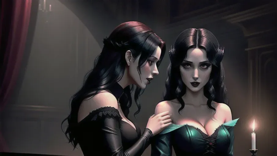 two figures in a dark and foggy goth club, an evil sexy sensual slightly taller female black straight haired vampire woman having hypnotized her victim, is groping and biting innocent, light reddish-auburn gentle wavy hair, good girl mid-twenties Anna of Arendelle in a modest soft green gown.