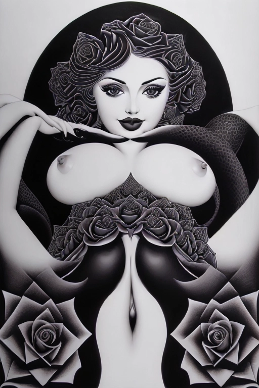 ((((Erotic abstract art by Escher bad-girl art full color lithograph illustration)))), ((full color)), extreme closeup pov navel, sniffing a black rose, gorgeous young nude redhead woman, completely naked, beautiful face, (sexually aroused smile), ((alluring smile)), (((seductive expression))),((((flirting)))), beautiful eyes, ((((looking at me)))),(((looking into my eyes))), ((legs spread open)) ,(((showing pussy))),((looking at viewer)), in a rose garden full of black roses,