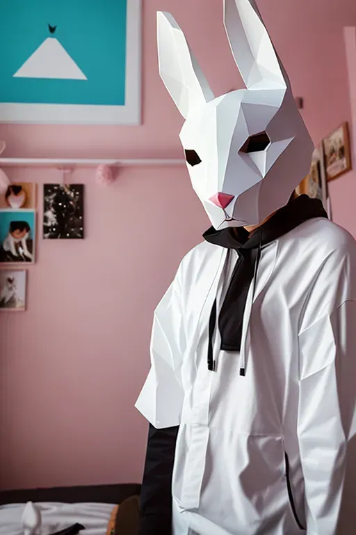 A person wearing a low poly bunny mask