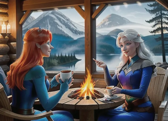 Beautiful sapphire eyed auburn haired Queen Anna of Arendelle enjoying a cheery light-hearted conversation with her platinum haired sister, Elsa, enjoying a large mug of hot chocolate with marshmallows sitting by the fire in a ski lodge.