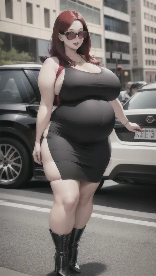 Dark red hair, sexy glasses,Sexy women ,big boobs,pregnant gigantic belly,fat belly and fat boobs,weight gain, gigantic fat belly,fat belly ,huge pumped up belly, black mini skirt, black high heels boots,sex,nude boobs, in a city, people mass, <lora:dpmg_pov_Big_fat_belly:1>,