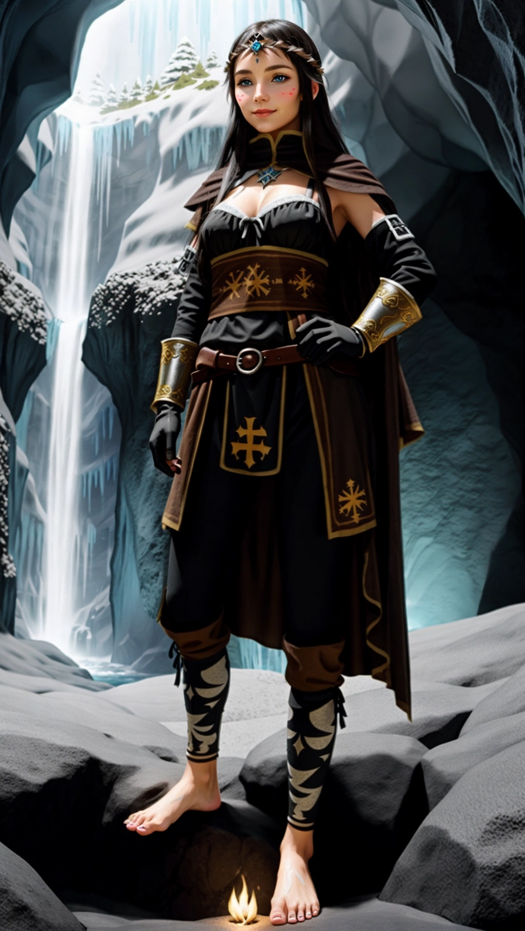 full-body image of a fit tan thin beautiful barefoot German adventurer woman with long hair wearing medieval adventurer attire while exploring an ice cave, (beautiful petite feminine feet: 1.2), (barefoot: 1.3), (wearing black medieval adventurer attire: 1.2), (long dark hair: 1.2), (German woman: 1.3), (ice cave: 1.3), (black toenails: 1.2), (gloves: 1.2), (tights: 1.2), (magic markings on feet: 1.4), (sassy smirk: 1.2),