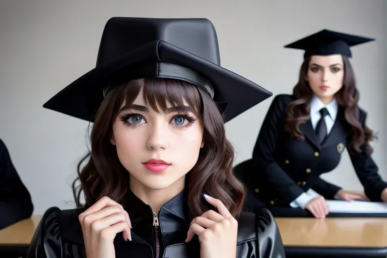 a 8k high detail full body shot of, Mila Azul, (((accurate face))), show full body, wearing a matt black cotton school teachers mortarboard hat and black latex catsuit, five slender fingers, beautiful face, beautiful lips, detailed large eyes, curved eyebrows, studio lighting, professional, editorial, 8k, ((ultra realistic)), in a school class room