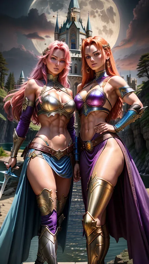 High fantasy, Dungeons and Dragons, two sexy young women in purple and blue armor, blonde Olivia Wilde and redhead Dina Meyer, knee long skirt, high leather boots, small breasts, abs and cleavage, toned and slim body, slender arms and legs, small ass, erect nipples, midrif, narrow waist, sensual expression, sharp features, very beautiful, detailed face, detailed eyes, arched eyebrows, sexual poseholding sword in one hand, pointing towards horizon,
castle on a cliff next to a lake in the background, forest, full moon, moon light, romantic setting,
two arms, two hands, five fingers, detailed fingers, two legs, two feet, use correct hair colour, check continuity of arms and hands, check face geometry,
<lora:dpmg_add_detail:1.0>, vivid colors, cinematic composition, artificial light, UHD, HDR, highest quality, highest resolution, (photorealist), (photorealism), (masterpiece:1.0)