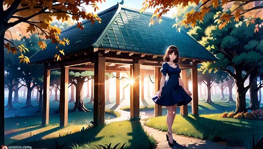 4k high detail, masterpiece, detailed background, outdoors, forest cottage, autumn, nighttime, soft lighting, full body photo of, 1girl, beautiful, slim figure, long slender legs, medium breasts, short brown hair, detailed blue eyes, beautiful lips, short elegant blue dress, copper lace, cleavage, standing, smooth