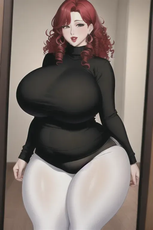 An extremely fat redheaded milf with curly hair wearing a turtleneck sweater and yoga pants, with plump red lips and a belly that sags to her knees, extremely thick thighs, huge sagging breasts, and a massive flabby potbelly