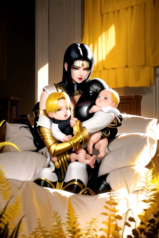 one woman with black hair, two children, an image of a warrior princess mom with two children one of two years and the other of one year, she is dressed as Xena, the baby of two years is blonde, with yellow hair and the baby of one years is the son of Conan, with black hair